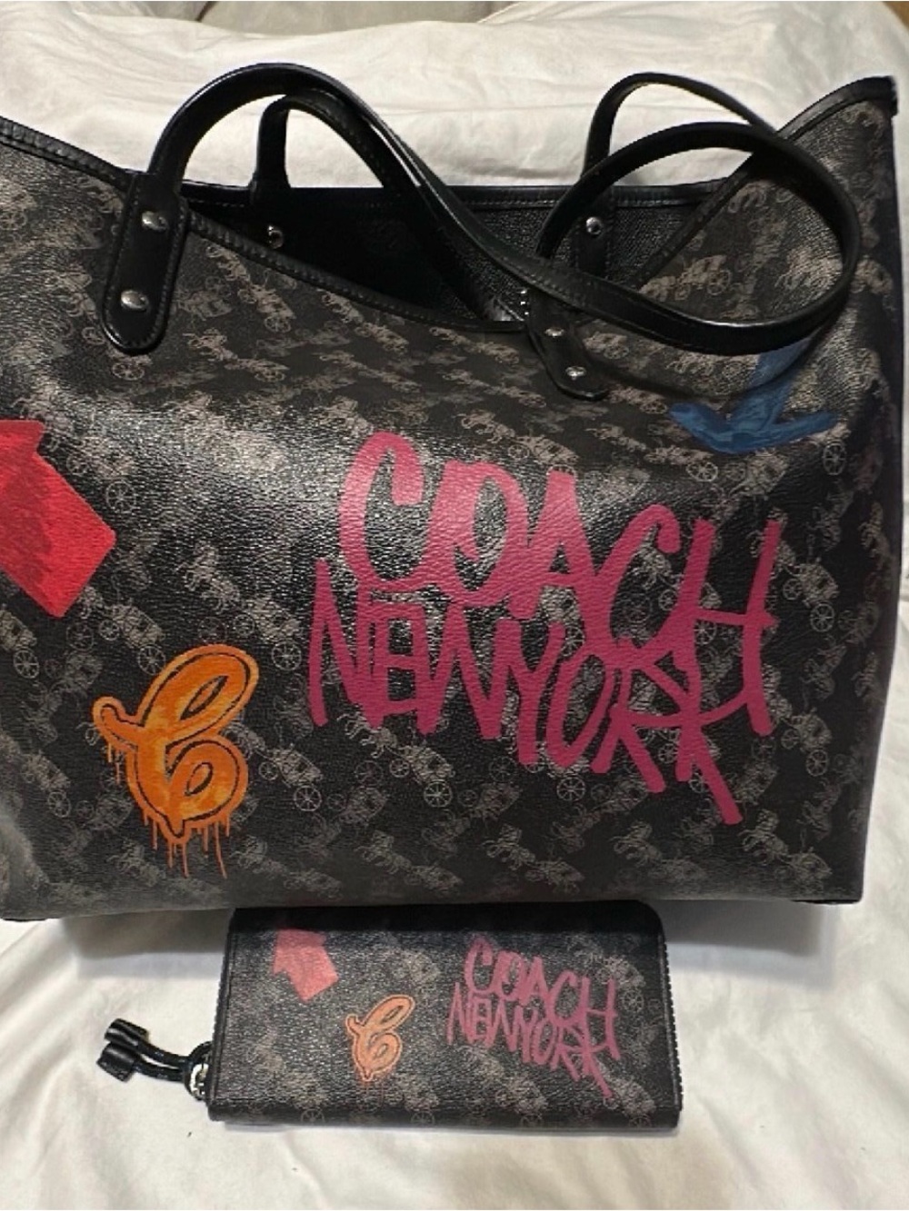 Coach Black Graffiti Tote with Pink and Orange Accents and Matching Wallet